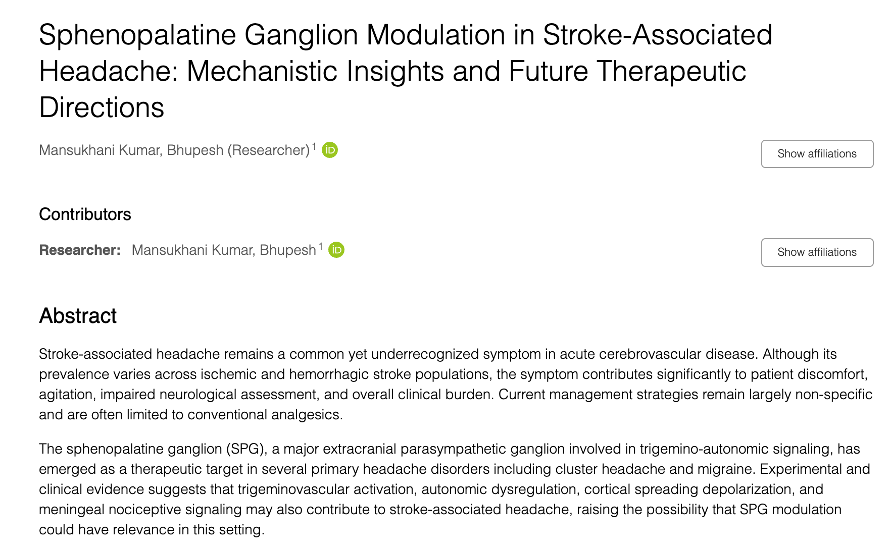 Sphenopalatine Ganglion Modulation in Stroke-Associated Headache: Mechanistic Insights and Future Therapeutic Directions